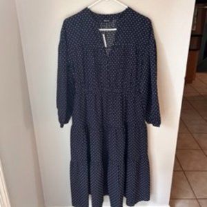 Madewell Navy & White Dot Jacquard Tiered V-Neck Midi Dress